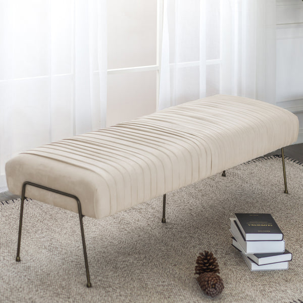 Merritt Velvet Pleated Bench in Dulce Sand - Luxurious Design with Deep Bronze Legs, Fully Assembled