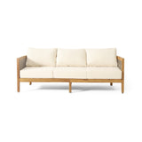 Burchett Outdoor Acacia Wood and Round Wicker 3 Seater Sofa with Cushions, Teak, Mixed Brown, and Beige