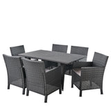 Celeste Outdoor 7 Piece Grey Wicker Rectangular Dining Set with Light Grey Water Resistant Cushions