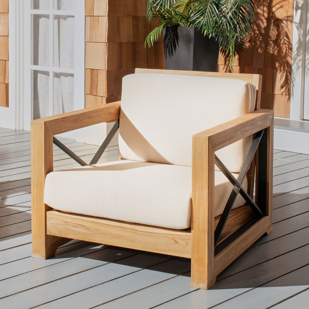 Safavieh Andros Brazilian Teak Patio Chair Natural / Beige Wood / Metal / Fabric / Foam CPT1045A