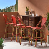 Noble House Shelton Outdoor French Wicker and Aluminum 29.5 Inch Barstools (Set of 4), Red and Bamboo Finish