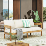 Brooklyn Outdoor Acacia Wood 3 Seater Sofa with Cushions, Teak and Beige Noble House