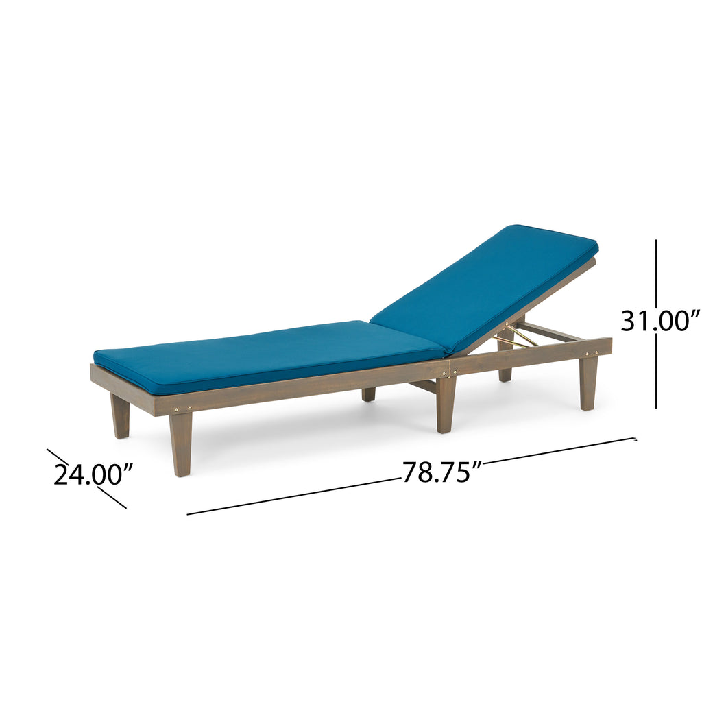 Nadine Outdoor Acacia Wood Chaise Lounge and Cushion Set, Gray and Blue Noble House