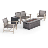 Breakwater Outdoor 5 Piece Wood and Wicker Chat Set with Fire Pit, Mixed Black and Gray Noble House