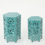 Eliana Outdoor 12 Inch and 14 Inch Crackle Teal Sunburst Iron Side Table Set