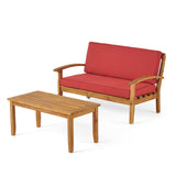 Peyton Outdoor Teak Finished Acacia Wood Loveseat and Coffee Table Set with Red Water Resistant Cushions Noble House