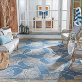 Courtyard Gingko Leaves Outdoor Power Loomed 85.4% Polypropylene, 10.4% Polyester, 4.2% Latex Rug Blue / Light Beige