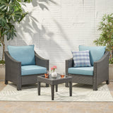 Antibes Outdoor 3 Piece Grey Wicker Chat Set with Teal Water Resistant Cushions Noble House