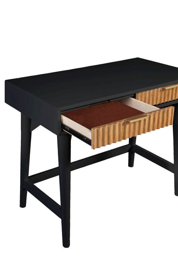 Larsen Mini Desk in Black & Natural - Stylish Mahogany, Textured Drawers, Gold Hardware, 2 Drawers