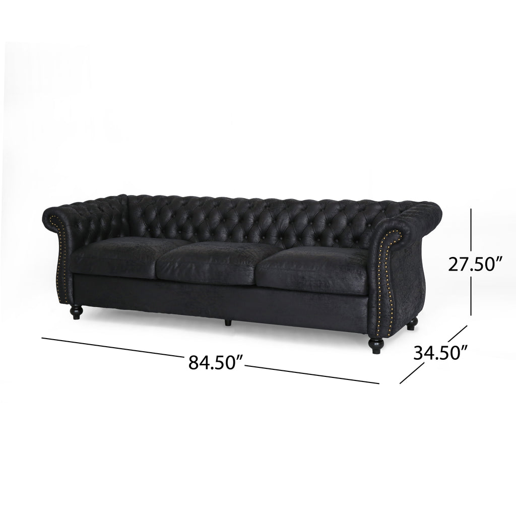 Somerville Chesterfield Tufted Microfiber Sofa with Scroll Arms, Black Noble House