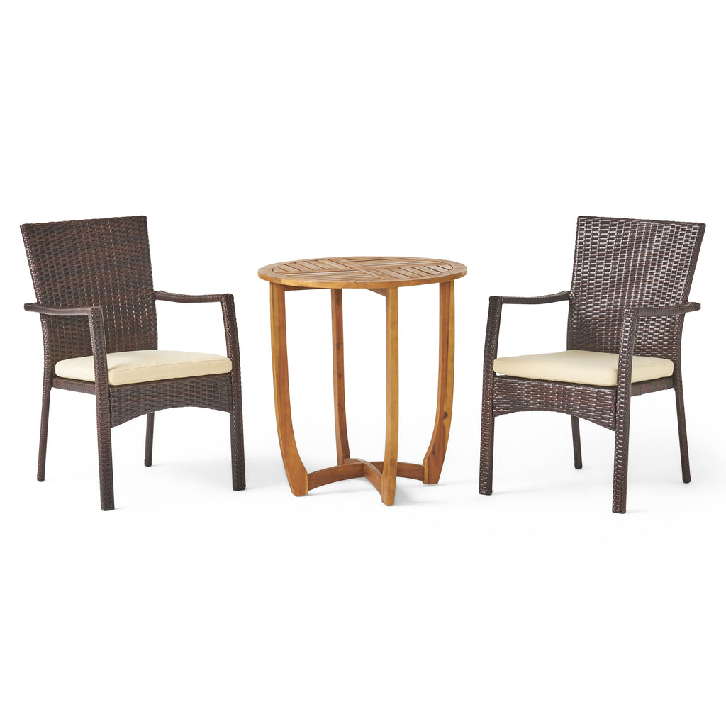 Sloane Outdoor 3 Piece Acacia Wood/ Wicker Bistro Set with Cushions, Teak Finish and Brown with Crème Noble House