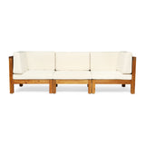 Noble House Brava Outdoor Modular Acacia Wood Sofa with Cushions, Teak and Beige