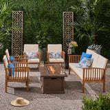 Carolina Outdoor 7 Piece Acacia Wood Chat Set with Fire Pit, Teak and Brown Noble House