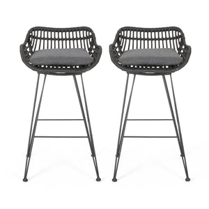 Noble House Dale Outdoor Wicker Barstools with Cushions (Set of 2), Gray and Dark Gray