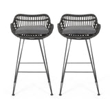 Noble House Dale Outdoor Wicker Barstools with Cushions (Set of 2), Gray and Dark Gray