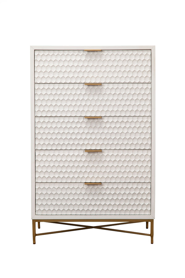 White Pearl 5 Drawer Chest - Modern Design with Textured Fronts, Gold Accents & Open Base Style