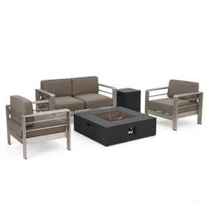 Cape Coral Outdoor Aluminum Khaki Chat Set with Dark Grey Fire Table Noble House