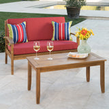 Peyton Outdoor Teak Finished Acacia Wood Loveseat and Coffee Table Set with Red Water Resistant Cushions Noble House