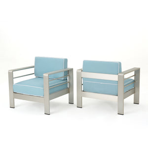 Cape Coral Outdoor Silver Aluminum Framed Club Chairs with Light Teal and White Corded Water Resistant Cushions Noble House
