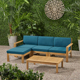 Noble House Santa Ana Outdoor 3 Seater Acacia Wood Sofa Sectional with Cushions, Light Brown and Dark Teal