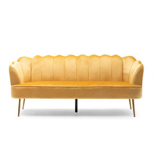 Reitz Modern Glam Velvet Channel Stitch 3 Seater Shell Sofa, Honey Yellow and Gold   Noble House