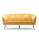 Reitz Modern Glam Velvet Channel Stitch 3 Seater Shell Sofa, Honey Yellow and Gold   Noble House