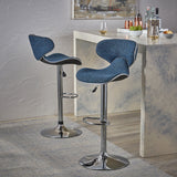 Carlota Modern Adjustable Height 24"-32" Fabric Swivel Barstool, Indigo Weave Tweed Noble House