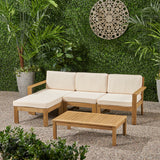 Noble House Santa Ana Outdoor 3 Seater Acacia Wood Sofa Sectional with Cushions, Light Brown and Cream