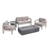 Aviara Outdoor 4-Seater Aluminum Chat Set with Fire Pit and Tank Holder, Silver with Khaki and Dark Gray Noble House