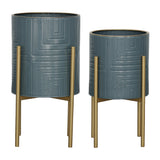 Contemporary Set of 2 -  Planter On Metal Stand, Slate Blue/gold