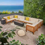 Malawi Outdoor U-Shaped Sectional Sofa Set with Fire Pit - 12-Piece 10-Seater - Acacia Wood - Outdoor Cushions - Teak with Beige and Dark Gray Noble House