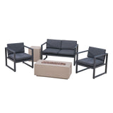 Camiguin Outdoor 4 Seater Aluminum Chat Set with Light Weight Concrete Fire Pit, Dark Gray and Light Gray Noble House