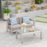 Aviara Outdoor Aluminum Loveseat and Tempered Glass-Topped Coffee Table, Silver and Khaki Noble House