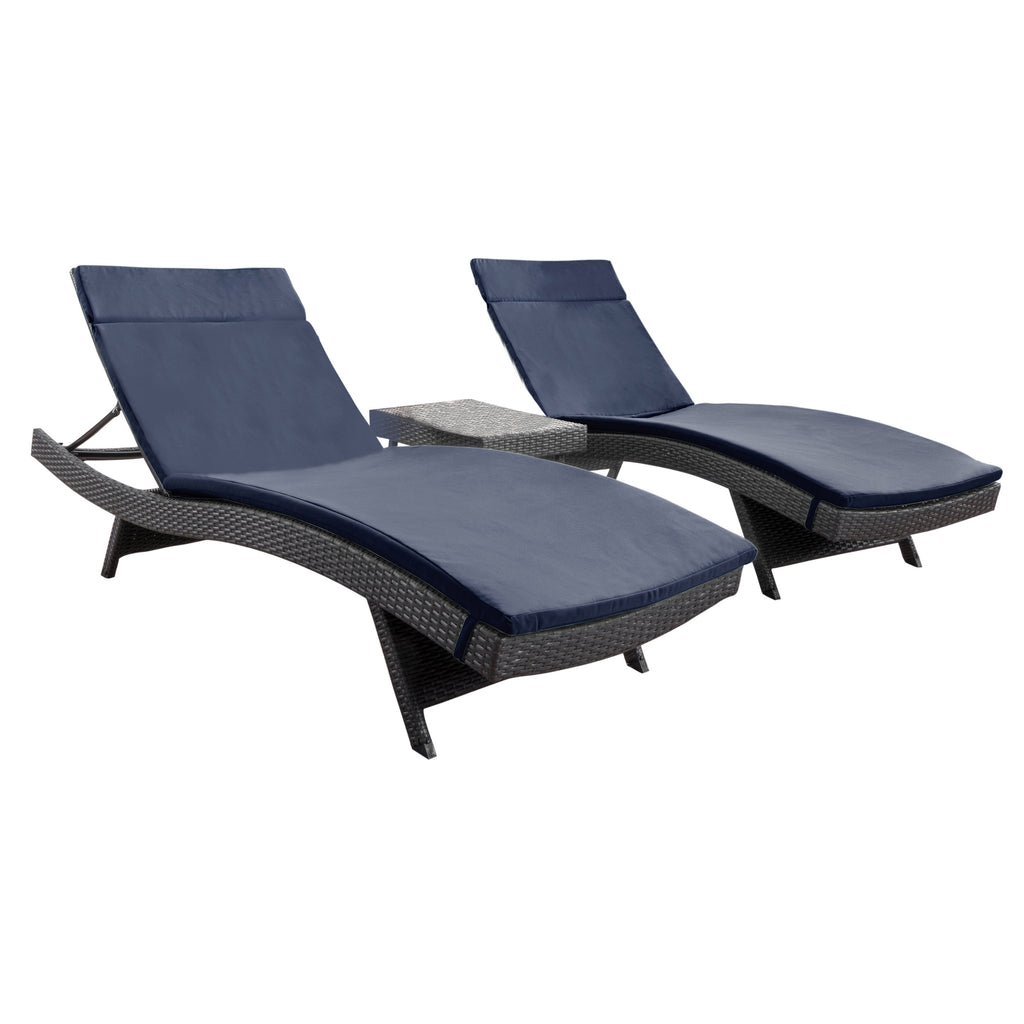 Noble House Salem 3 Piece Outdoor Grey Wicker Lounge with Navy Blue Water Resistant Cushions and Coffee Table