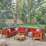 Noble House Brava Outdoor Acacia Wood 8 Seater U-Shaped Sectional Sofa Set with Coffee Table, Teak and Red