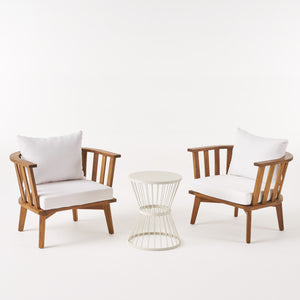 Phipps Outdoor Acacia Wood 2 Seater Club Chairs and Side Table Set, Teak and White Noble House