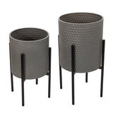 Contemporary Set of 2 -  Honeycomb Planter On Metalstand, Gray/blk