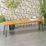 Zion Outdoor Modern Industrial Acacia Wood Bench with Metal Hairpin Legs, Teak and Rustic Metal Noble House