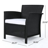 St. Lucia Outdoor 4 Piece Black Wicker Chat Set with White Water Resistant Cushions Noble House