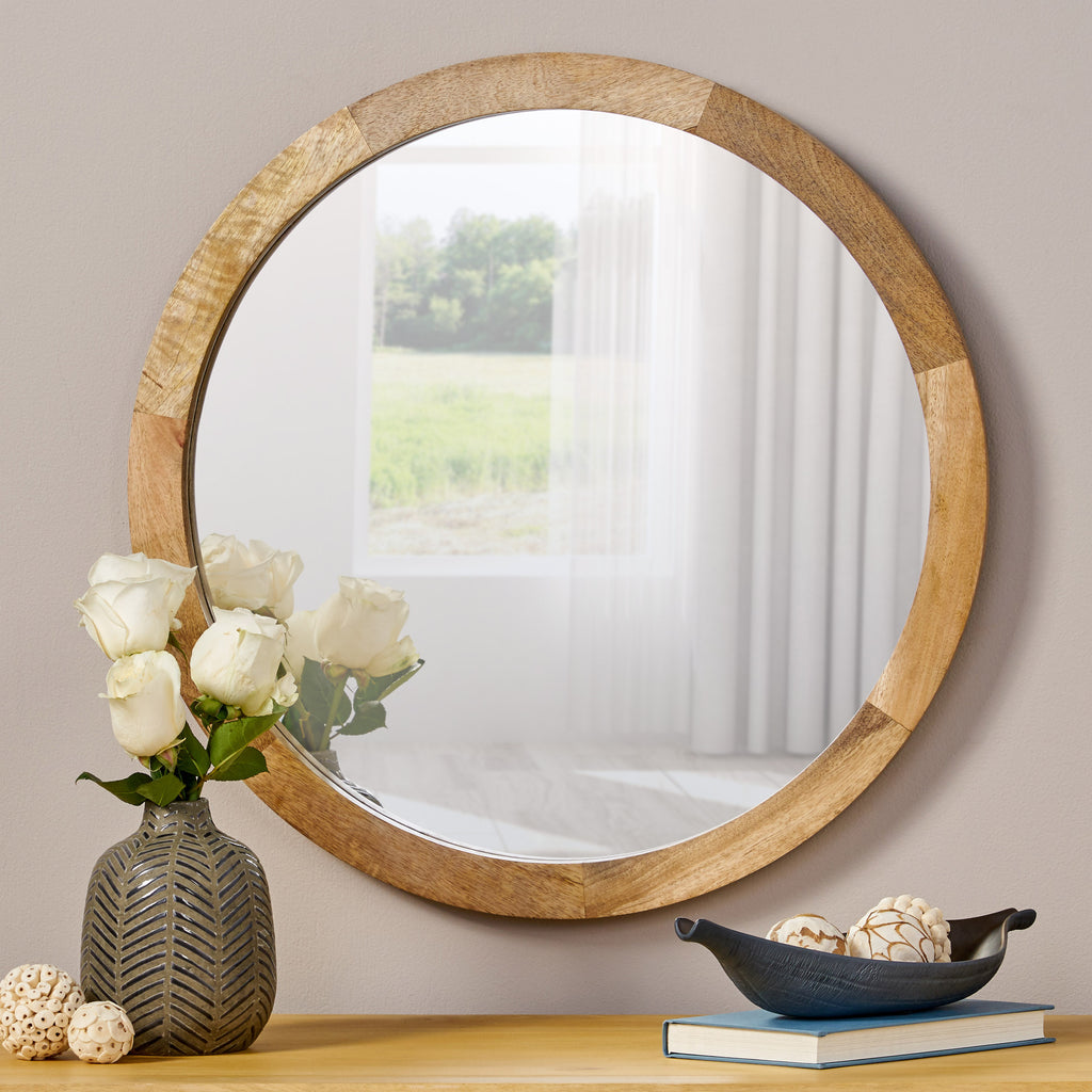 Cheval Modern Round Mirror with Mango Wood Frame – English Elm