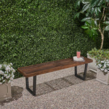 Noble House Fresno Patio Dining Bench, Acacia Wood with Iron Legs, Modern, Contemporary, Dark Brown and Black