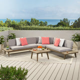 Hillcrest Outdoor V Shaped 4 Piece Grey Finished Acacia Wood Sectional Sofa Set with Grey Water Resistant Cushions Noble House
