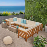 Oana Outdoor U-Shaped 8 Seater Acacia Wood Sectional Sofa Set with Fire Pit, Teak, Beige, and Light Gray Noble House
