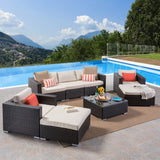 Santa Rosa Outdoor 5 Seater Multibrown Wicker Chat Set with Aluminum Frame and Beige Water Resistant Cushions Noble House