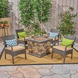 Cordoba Patio Fire Pit Set, 4-Seater with Club Chairs, Wicker with Outdoor Cushions, Brown, Tan, Stone Finish Noble House