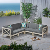 Brava Outdoor Acacia Wood 5 Seater Sectional Sofa Set with Water-Resistant Cushions, Weathered Gray and Dark Gray Noble House