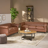 Silverdale Traditional Chesterfield 2 Piece Living Room Set, Cognac Brown and Dark Brown Noble House