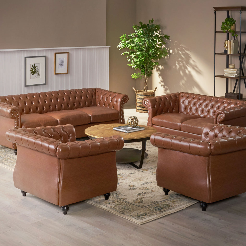 Silverdale Traditional Chesterfield 4 Piece Living Room Set, Cognac Brown and Dark Brown Noble House
