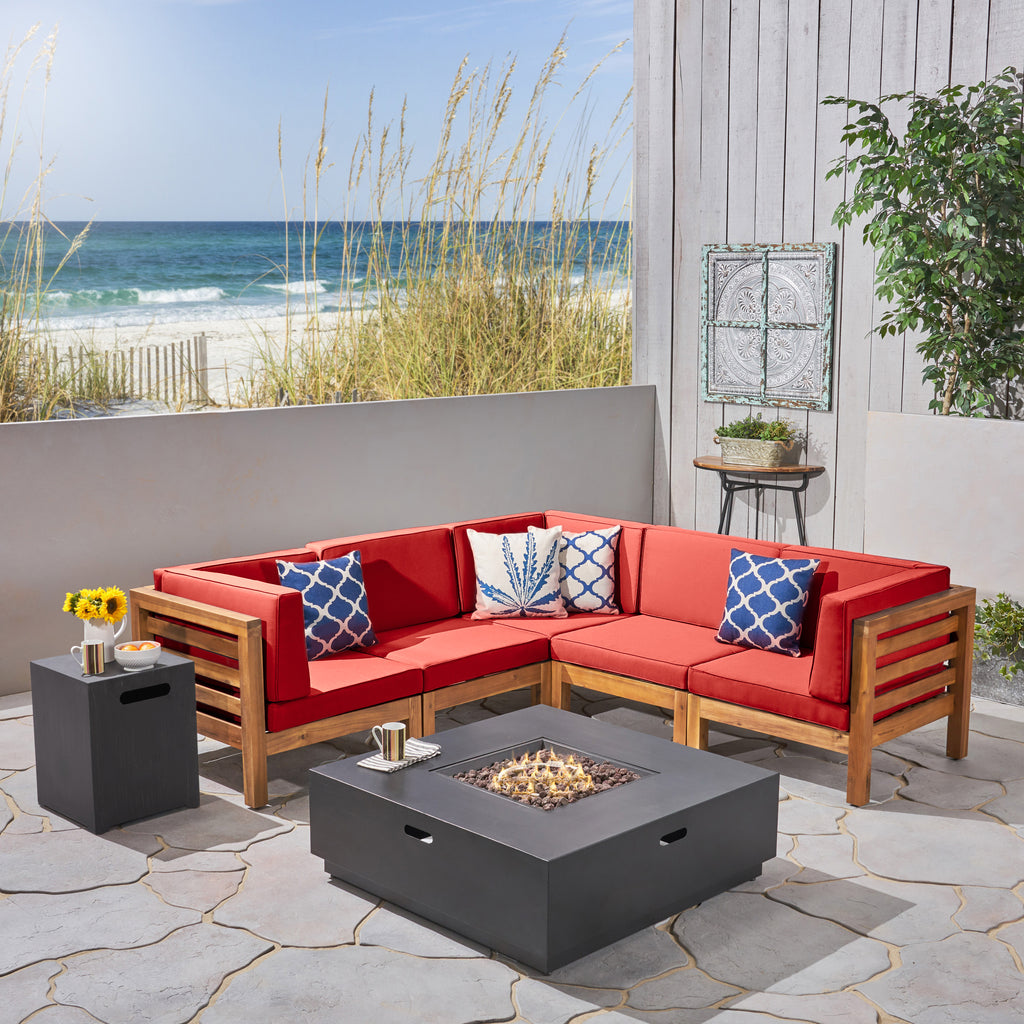 Noble House Malawi Outdoor V-Shaped Sectional Sofa Set with Fire Pit - 7-Piece 5-Seater - Acacia Wood - Outdoor Cushions - Teak with Red and Dark Gray