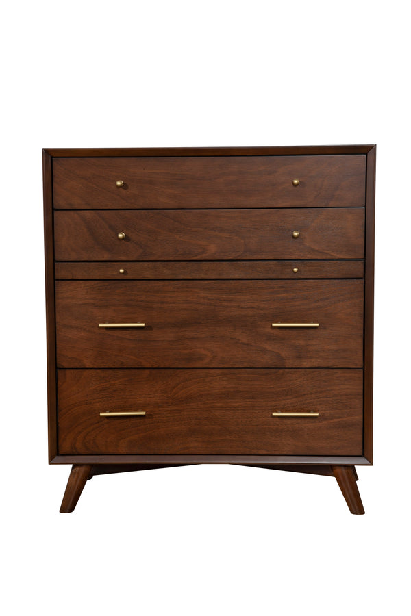 Alpine Furniture Flynn Mid Century Modern 4 Drawer Multifunction Chest w/Pull Out Tray, Walnut 966WAL-05 Walnut Mahogany Solids & Okoume Veneer 38 x 18 x 43